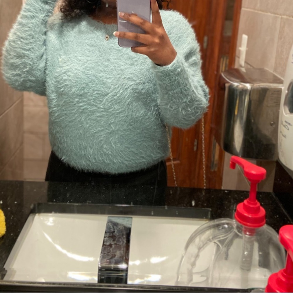 Light blue furry off the shoulder long sleeve sweater